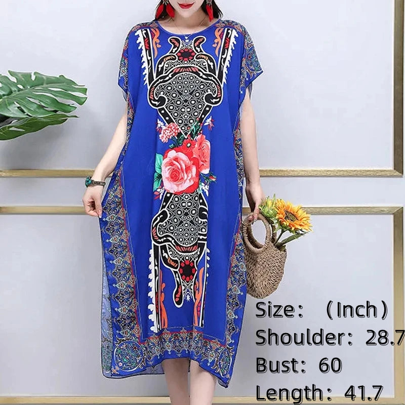 Women’s Bohemian Floral Tunic Dress - Retro Ethnic Print Batwing Sleeve Loose Summer Maternity Streetwear