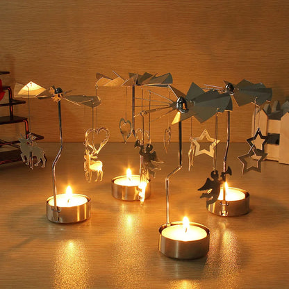 Silver Christmas Rotating Tea Light Candle Holder Carousel – Spinning Holiday Centerpiece Decor