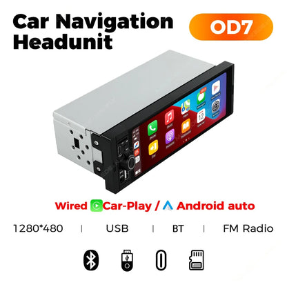 6.86" 1-DIN Car Stereo - HD Touchscreen Wireless CarPlay Bluetooth FM USB Multimedia Player