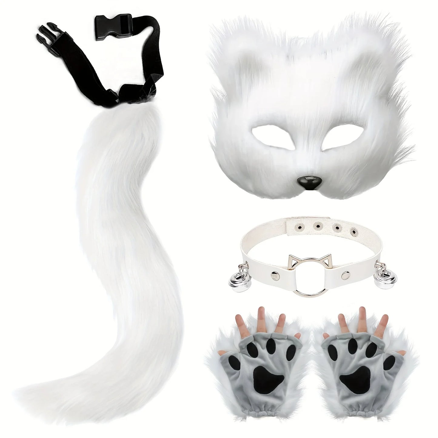 5pcs Fluffy Fur Fox Tail & Cat Paws Gloves Set — Wolf Mask Halloween Cosplay Costume Accessories for Theme Party Dress-Up