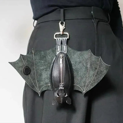 Gothic Bat Coin Purse Keychain - PU Leather Change Bag with Foldable Wings for Travel & Everyday Use