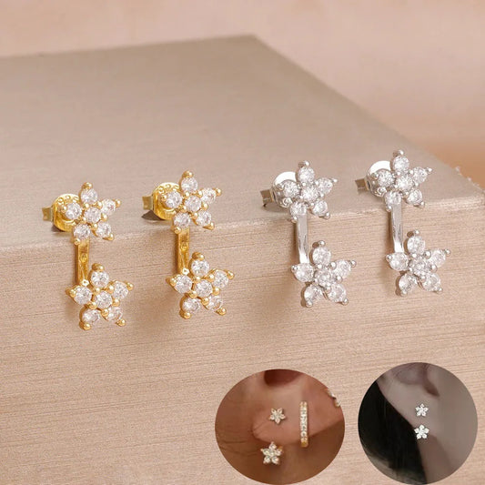 French Design Double Flower Dangle Earrings – Stainless Steel Crystal Cartilage Piercing Jewelry for Women