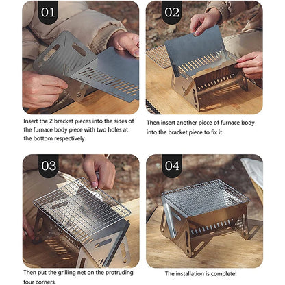 Portable Folding Barbecue Grill: Multifunction Camping BBQ Grill Rack with Firewood Stove - Stainless Steel BBQ Grill Net for Outdoor Cooking