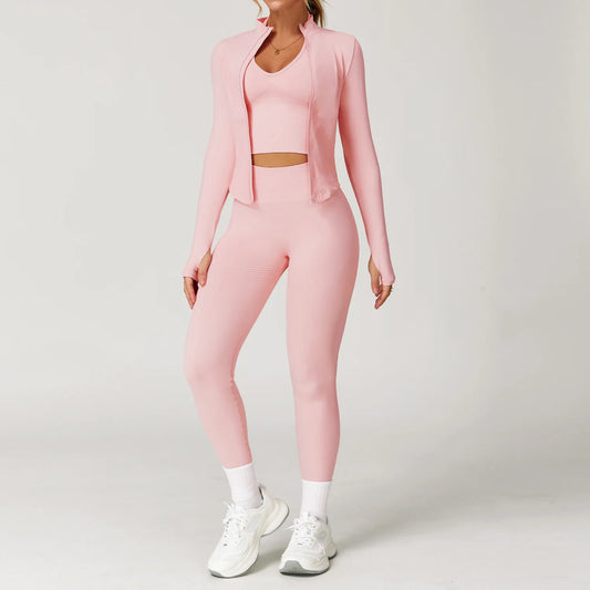 Women’s Seamless 2/3 Piece Yoga Set – Fitness Workout Sportswear with Leggings, Sports Bra & Long Sleeve Gym Outfit