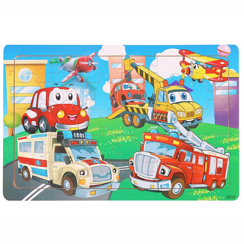 30PCS Wooden Jigsaw Puzzle – Cartoon Animal & Vehicle Educational Toys for Kids