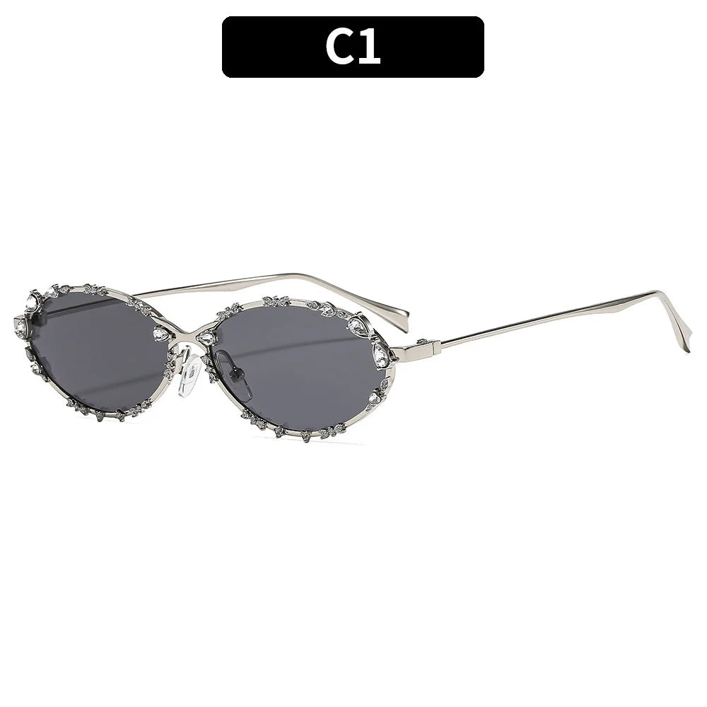 Luxury Diamond Oval Sunglasses - Rhinestone Metal Frame Fashion Eyewear for Men and Women Driving Style
