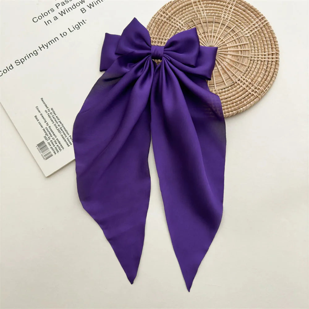 Ladies Satin Oversized Ribbon Bow Hair Clip – White, Pink, Red, Blue, Black, Long Tail Spring Clip for Ponytail Hair Accessories