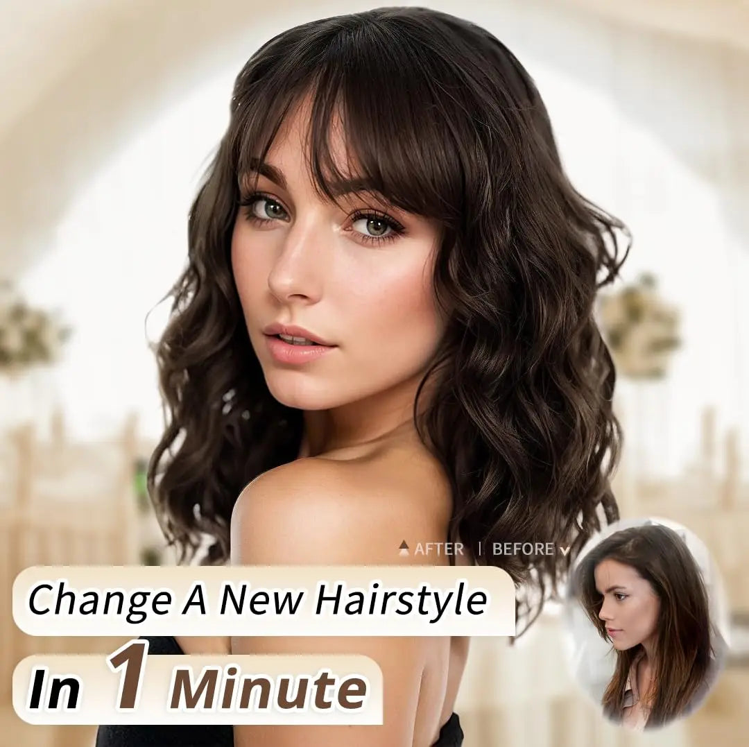 Natural Brown Synthetic Curly Wavy Bob Wig with Bangs – Stylish Wig for Women