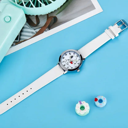 Cute Snoopy Kids Quartz Watch — Kawaii Anime Wristwatch with Colorful Luminous Hands, Fashionable Gift for Boys