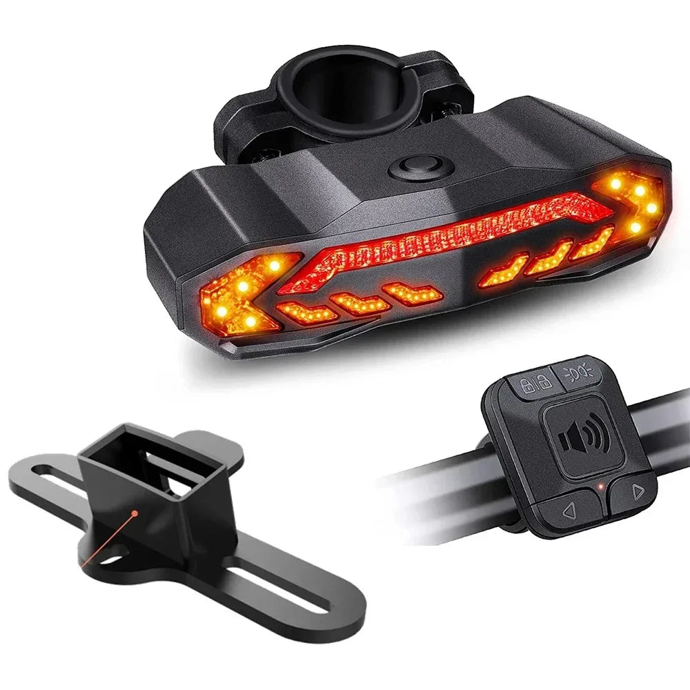 Wireless Bicycle Tail Light with Turn Signal & Anti-Theft Alarm – USB Rechargeable, IP65 Waterproof Brake Sensor Bike Light with Bracket