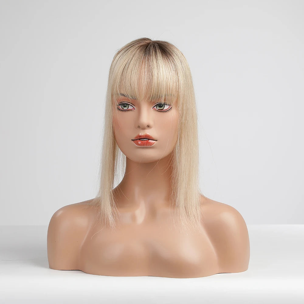 Brown Blonde Ombre Human Hair Toppers for Women – 10/12/14 Inches with Silk Base, Clips, and Bangs