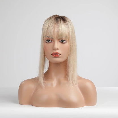 Brown Blonde Ombre Human Hair Toppers for Women – 10/12/14 Inches with Silk Base, Clips, and Bangs