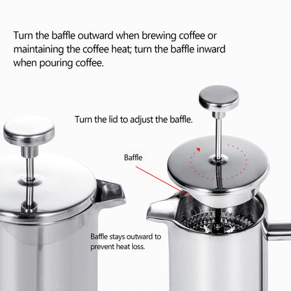 350ml/800ml/1000ml French Press Coffee Maker - Stainless Steel Double-Walled Insulated Coffee Pot