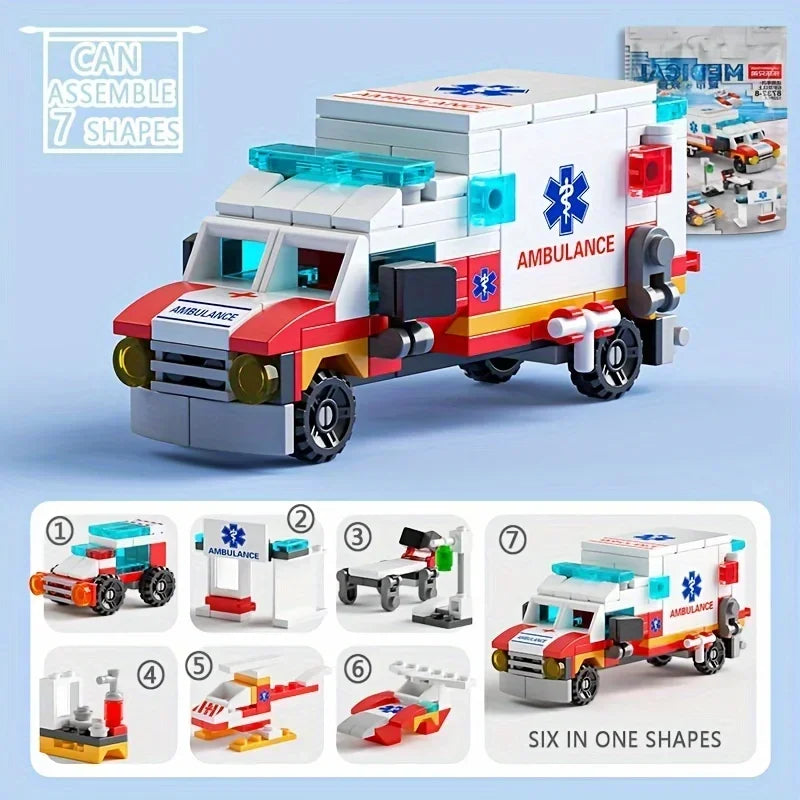 Mini 6-in-1 Building Blocks Set - Police Car, Fire Truck & Castle DIY Educational Toy
