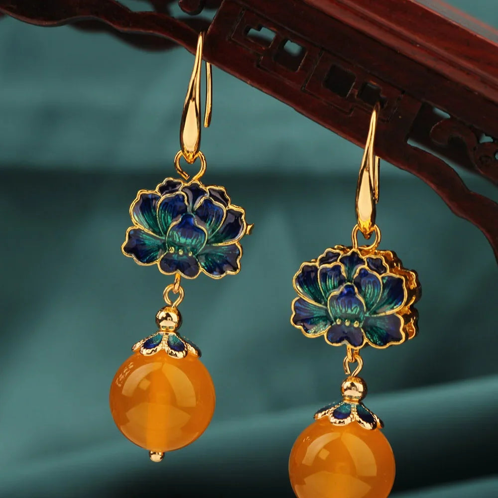 Vintage Flower Drop Earrings - Natural Stone Ethnic Jewelry for Women