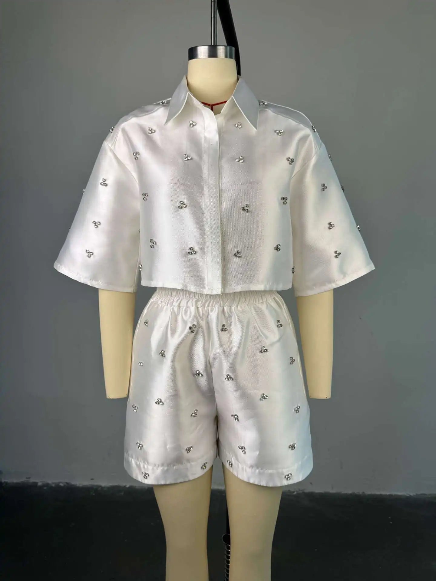 CM.YAYA Women’s Summer 2-Piece Set 2025 – Beaded 3/4 Sleeve Top & Shorts Streetwear Outfit