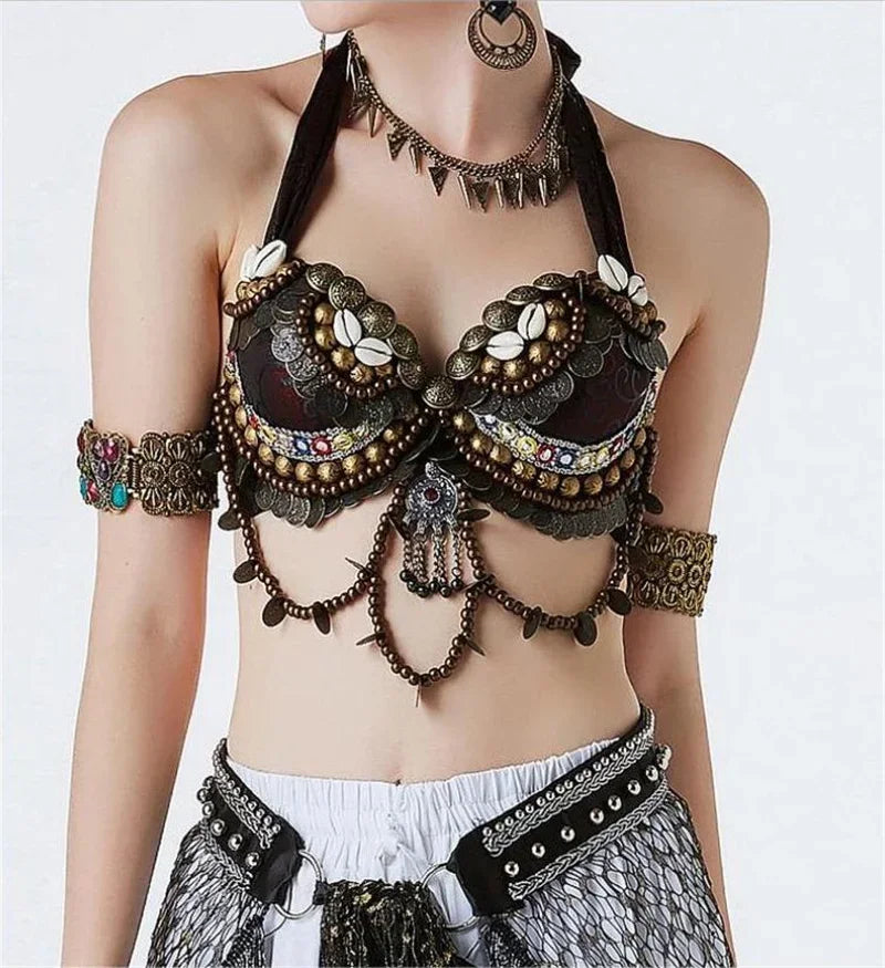 Women’s Hand-Beaded Adjustable Tribal Bra – Belly Dance & Gypsy Performance Costume