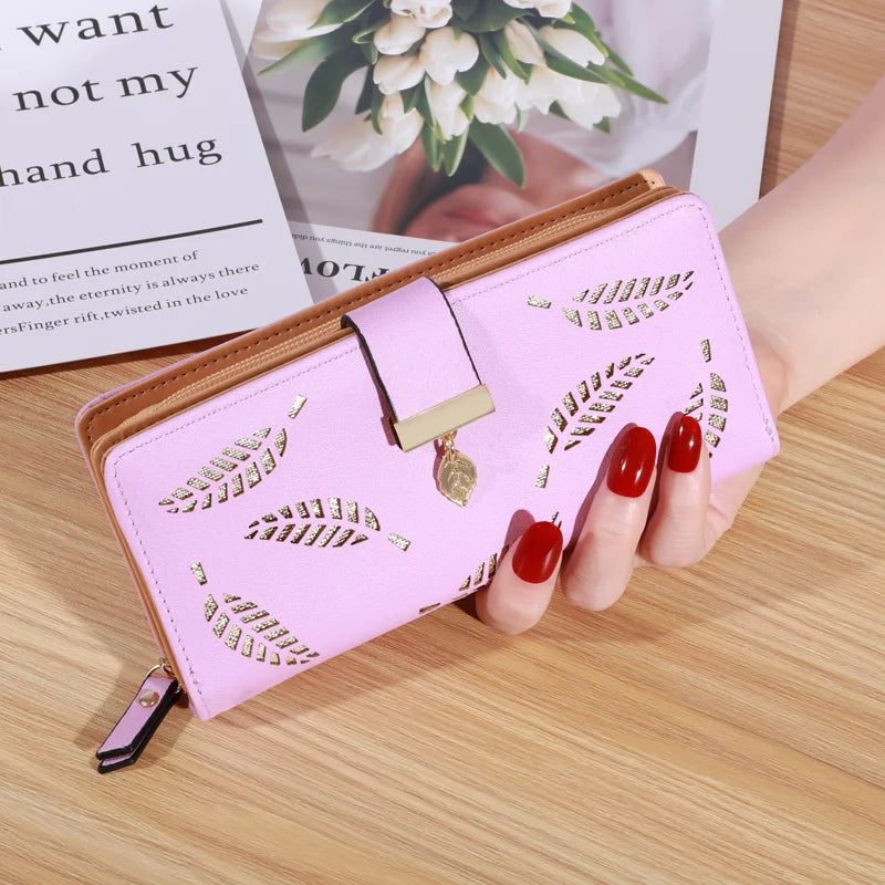 Women’s Long PU Leather Wallet – Gold Hollow Leaf Design Clutch Purse with Coin Pocket & Card Holders