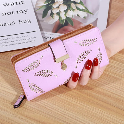 Women’s Long PU Leather Wallet – Gold Hollow Leaf Design Clutch Purse with Coin Pocket & Card Holders