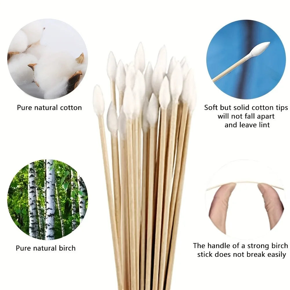 100/300PCS 6-Inch Precision Cotton Swabs - Pointed Cotton Buds with Long Wooden Sticks and Storage Case