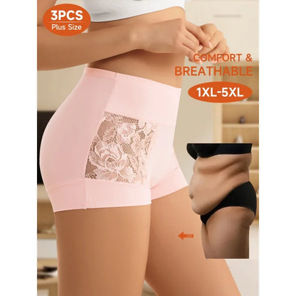 Women’s Plus Size Lace Panties 3-Pack - Breathable Floral Mesh Tummy Control Shaping Briefs for Everyday Comfort