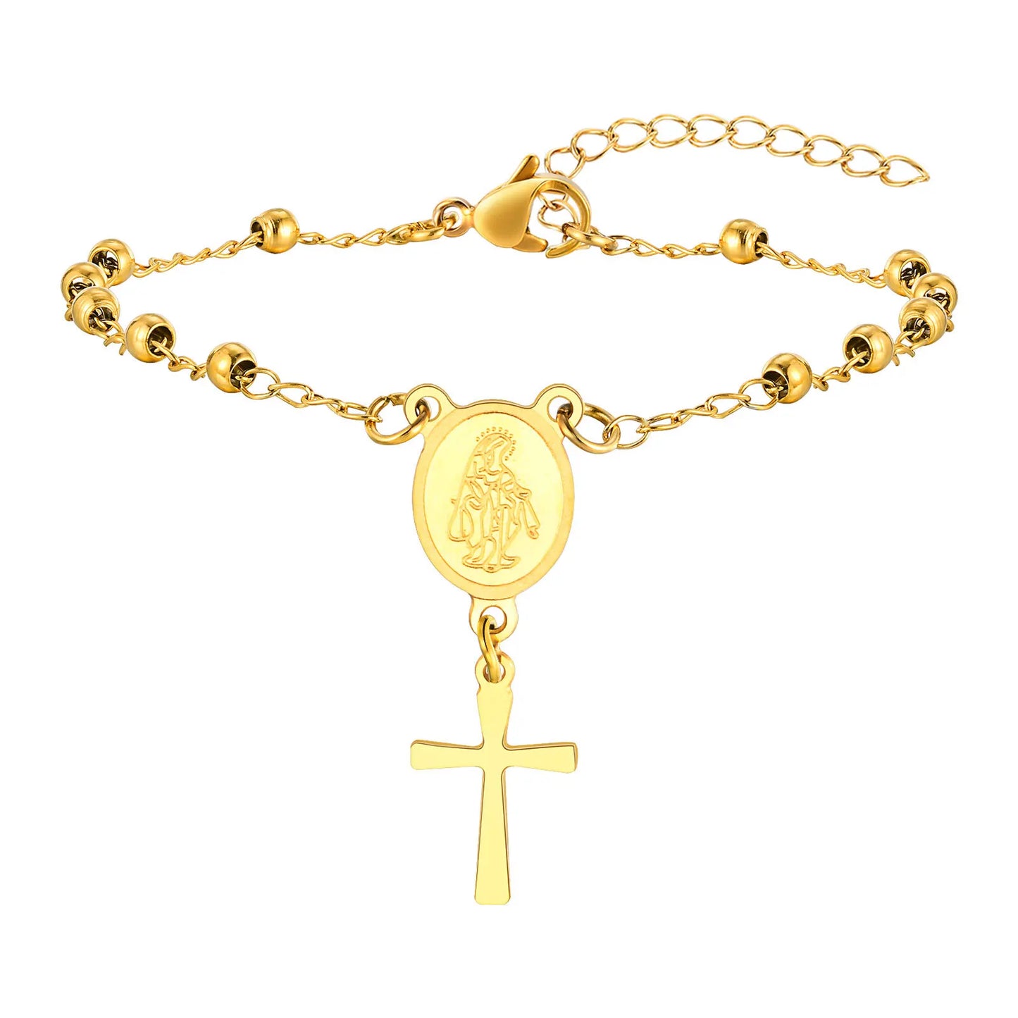 Vnox Gold Plated Rosary Bracelet – Stainless Steel Cross & Virgin Mary Religious Prayer Jewelry for Women & Girls Gift Accessories