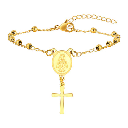 Vnox Gold Plated Rosary Bracelet – Stainless Steel Cross & Virgin Mary Religious Prayer Jewelry for Women & Girls Gift Accessories