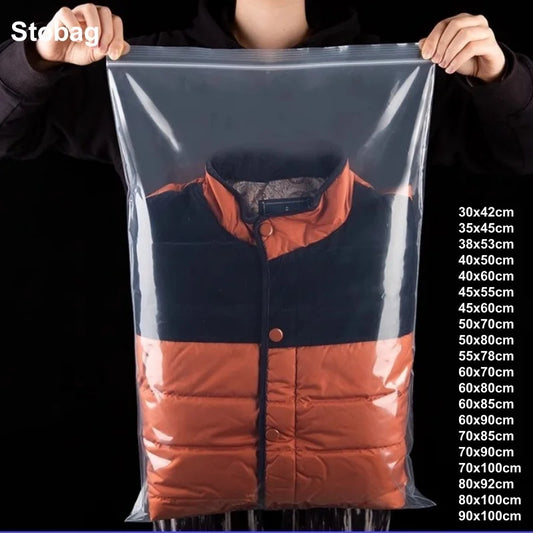 StoBag 10PCS Large Transparent Zipper Bags — Thick Waterproof Storage Pouches for Clothes & Food Packaging