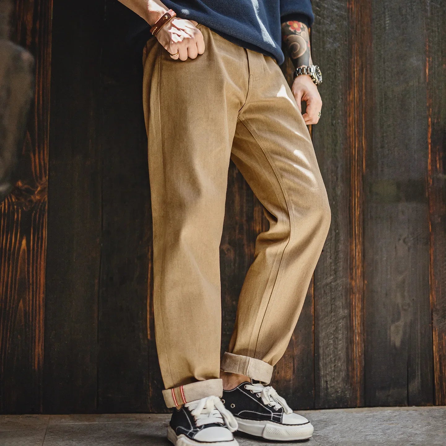 Maden Vintage Selvedge Jeans - Men's 11.7oz Raw Denim Straight Leg Khaki Trousers