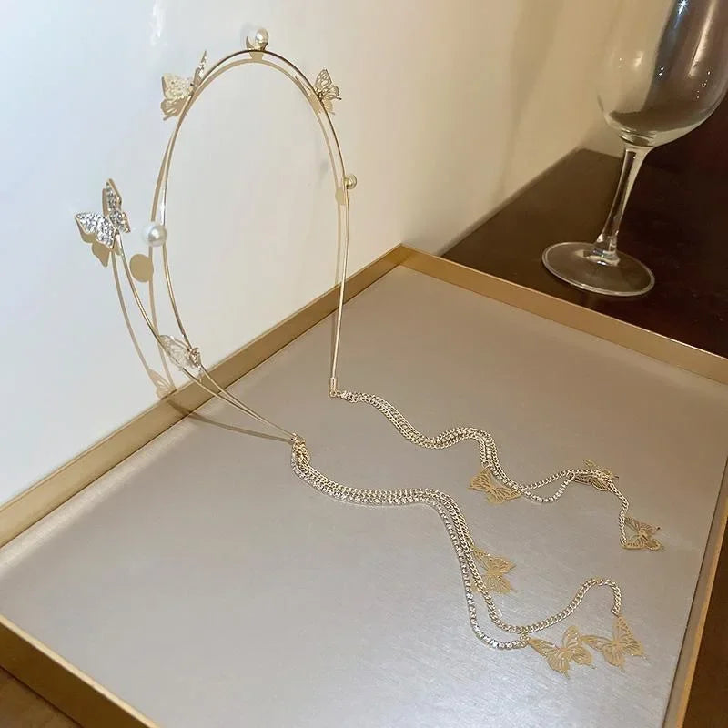 Pearl Diamond Butterfly Headband - Handmade Alloy Fringe Hair Accessory for Women
