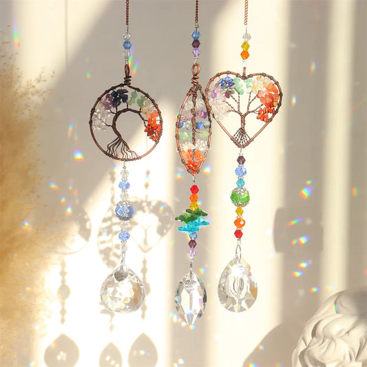 Colorful Tree of Life Crystal Chakra Sun Catcher - Hanging Prism Sun Catcher for Car and Home Decor