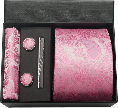 100% Silk Men’s Necktie Set with Paisley Floral Design, Business Tie with Pocket Square, Tie Clip & Cufflinks Gift Box Set for Men