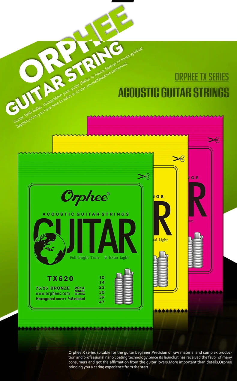 Orphee Acoustic Guitar Strings – 6Pcs/Set, Hexagonal Core, Full Bright Tone, TX620/TX630/TX640, Folk Guitar Accessories