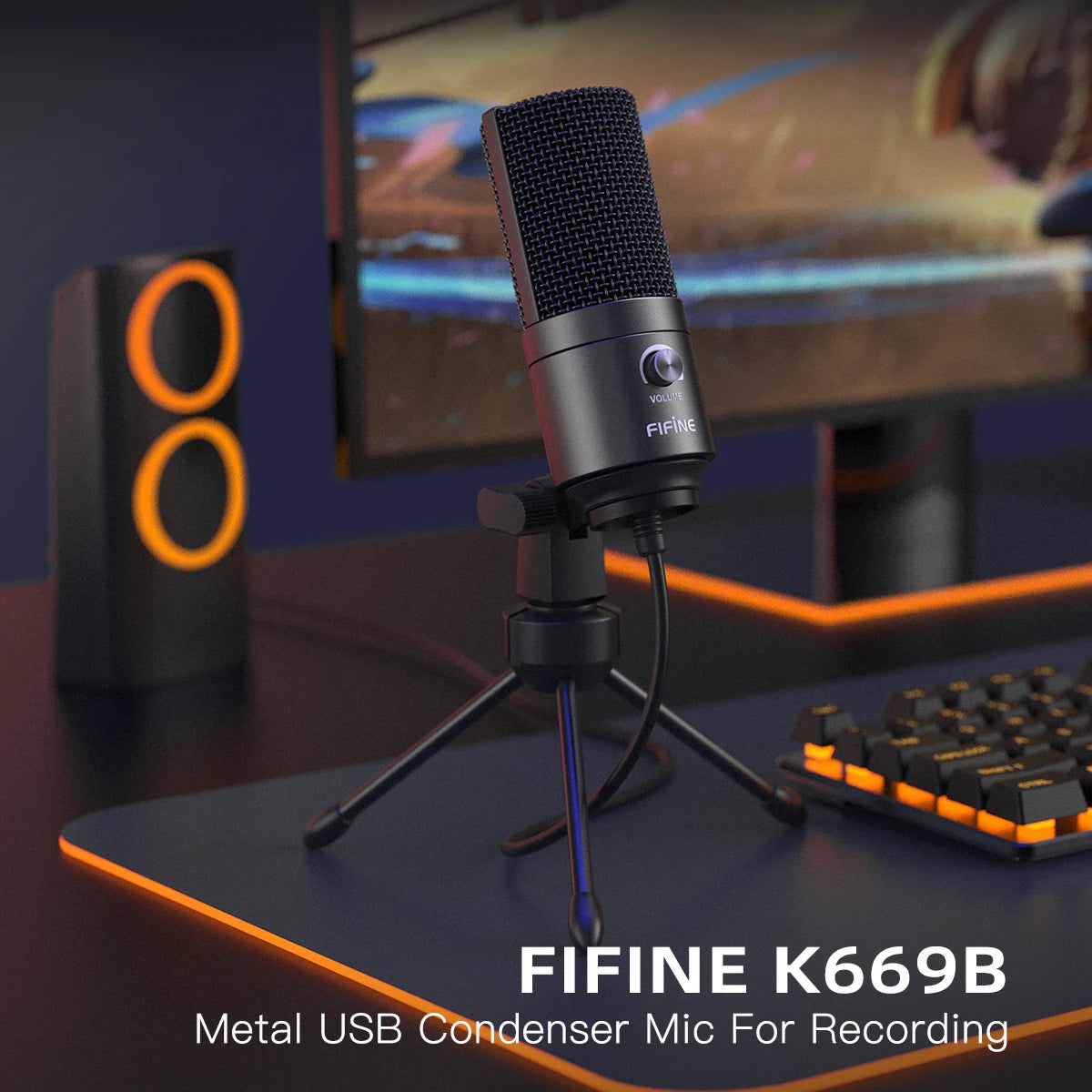 FIFINE K669 USB Condenser Microphone – Metal Recording Mic with Gain Knob for Home Studio, Podcasting & Voice-over