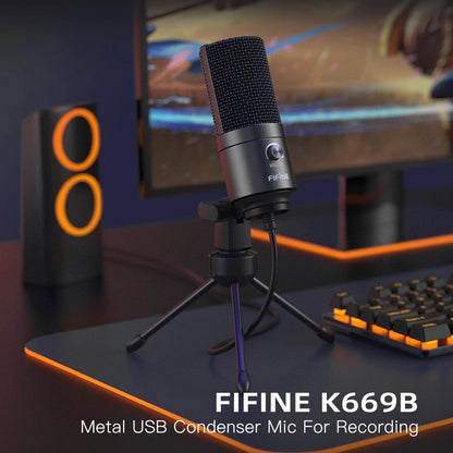 FIFINE K669 USB Condenser Microphone – Metal Recording Mic with Gain Knob for Home Studio, Podcasting & Voice-over