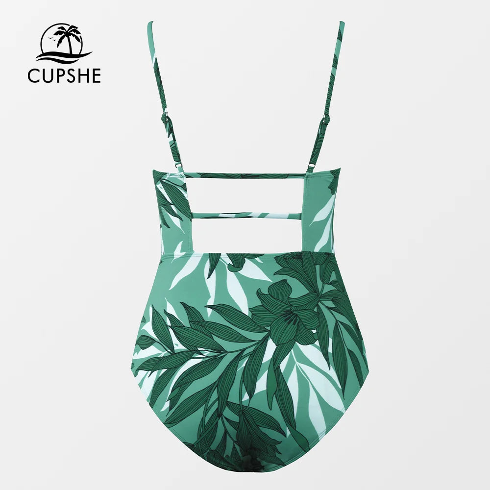 CUPSHE Leaf Print Square Neck One-Piece Swimsuit for Women – Sexy Backless Shirred Monokini Swimwear 2023 Beach Bathing Suit