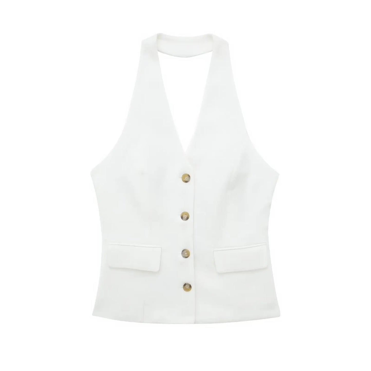 TRAFZA Women’s 2-Piece Set — Sleeveless Halter Vest Top with High-Waist Wide Leg Pants & Zipper Pockets