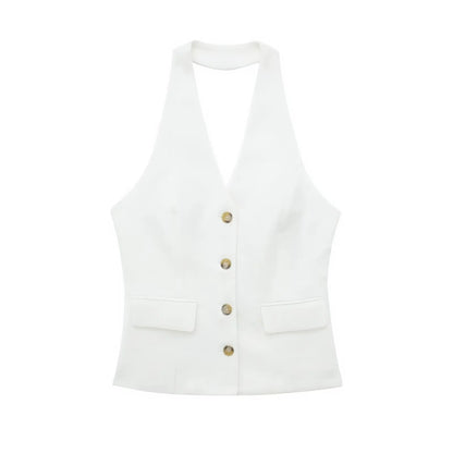 TRAFZA Women’s 2-Piece Set — Sleeveless Halter Vest Top with High-Waist Wide Leg Pants & Zipper Pockets