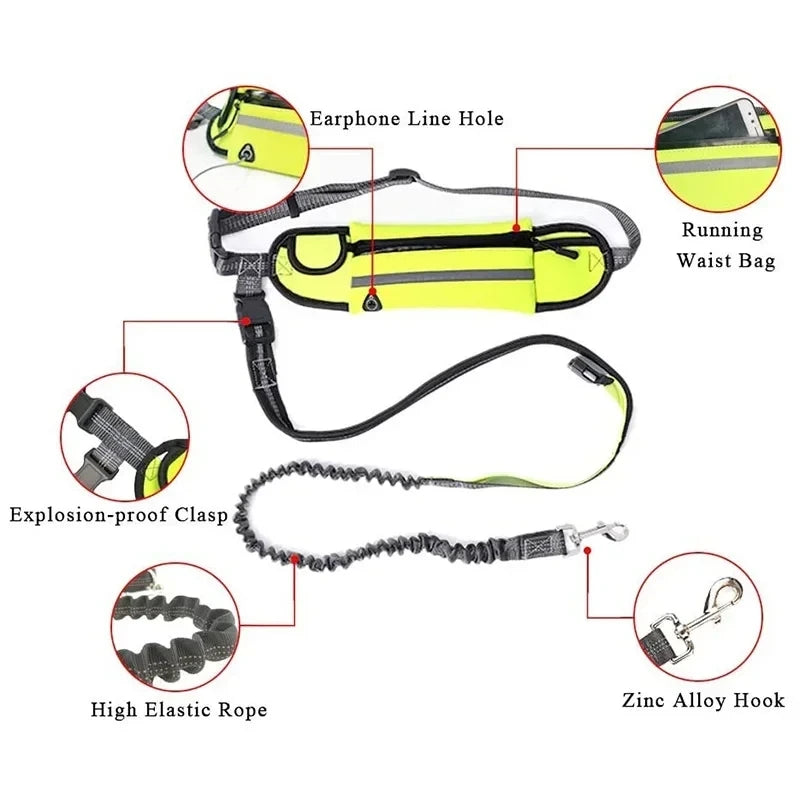Reflective Hands-Free Dog Running Waist Leash Nylon Elastic Adjustable Pet Traction Belt with Waist Bag Retractable Control for Running & Walking