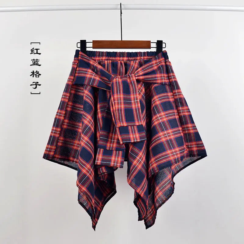 Summer Casual Retro Women’s Mini A-Line Skirt – Blue White Lattice Bow-Knot Elastic Waist Short Skirt