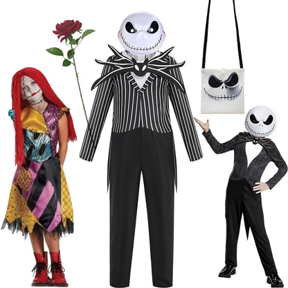 Jack Skellington & Sally Kids Costume - Halloween Cosplay Dress-Up Outfit for Girls & Boys