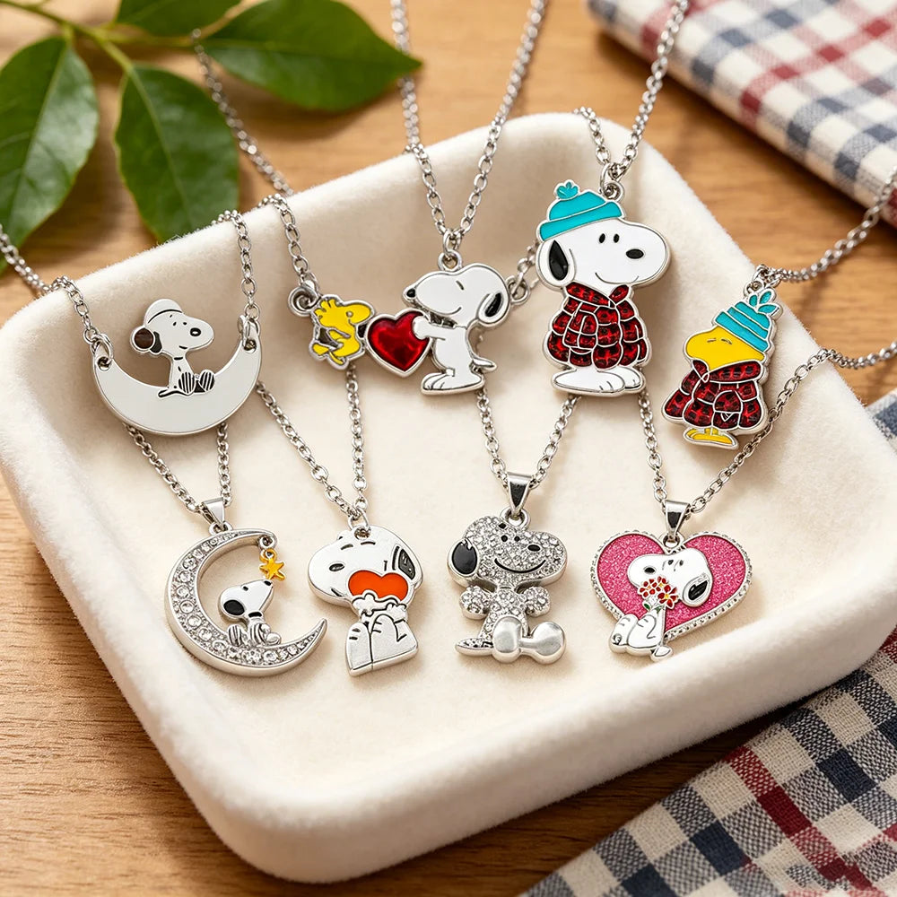 Snoopy & Woodstock Pendant Necklace - Cute Enamel Rhinestone Kawaii Jewelry for Women & Teens