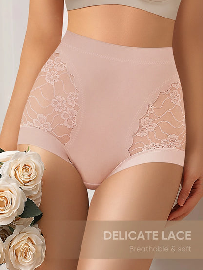 Women’s High-Waist Shaping Panties - Floral Lace Tummy Control Breathable Sheer Briefs for Everyday Comfort