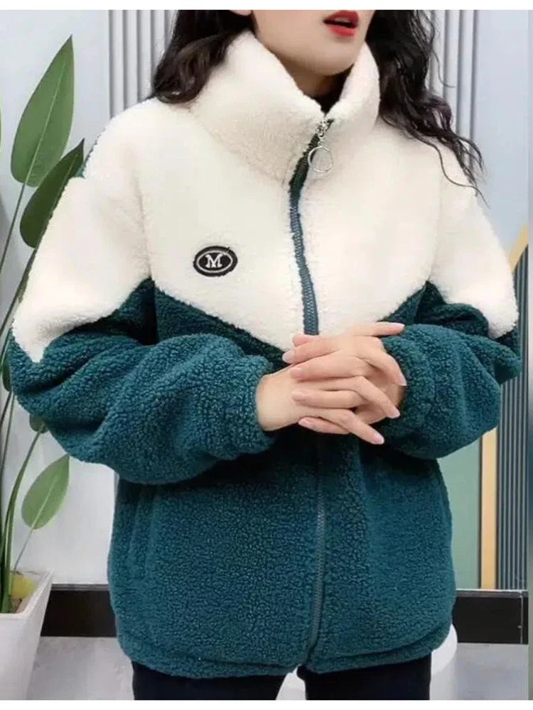 Women’s Colored Thickened Lamb Fleece Jacket — Long Sleeve Mid-Length Quilted Overcoat for Autumn & Winter