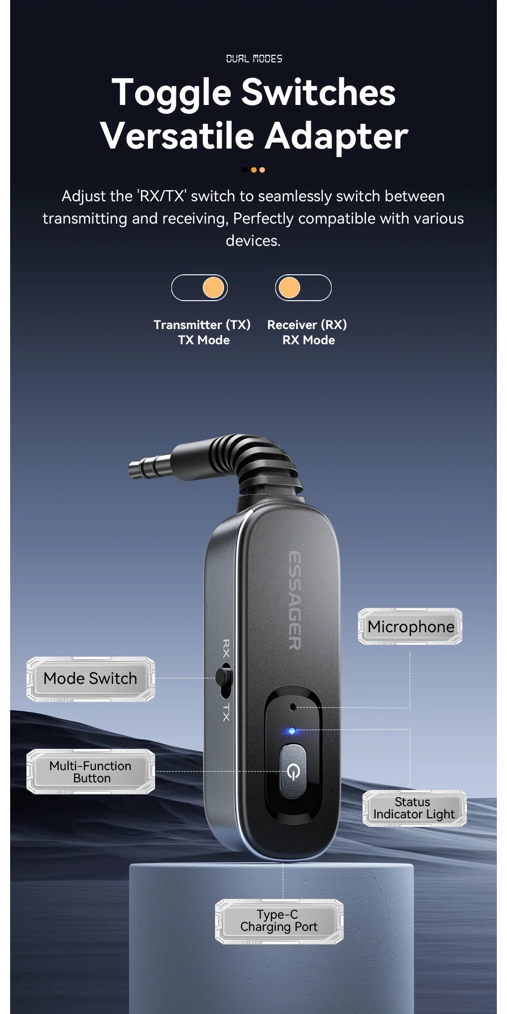 Essager Bluetooth 5.1 Audio Receiver & Transmitter – 3.5mm AUX Wireless Adapter with Mic for PC, TV, Car & Speakers