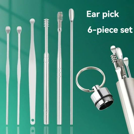 6pcs Stainless Steel Ear Wax Removal Tool Set – Spiral Rotating Ear Picker Spoon for Cleaning & Collecting Ear Wax