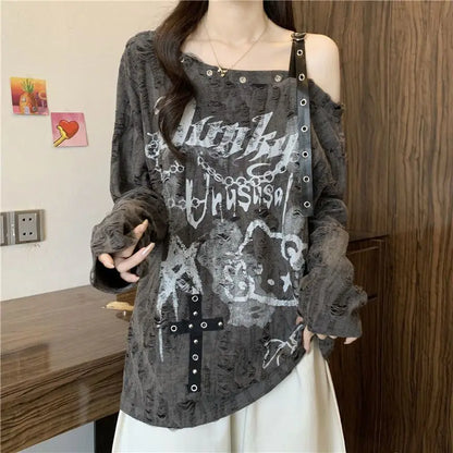 Oversized Women’s V-Neck T-Shirt - Loose Faded Off-Shoulder Long Sleeve Casual Top