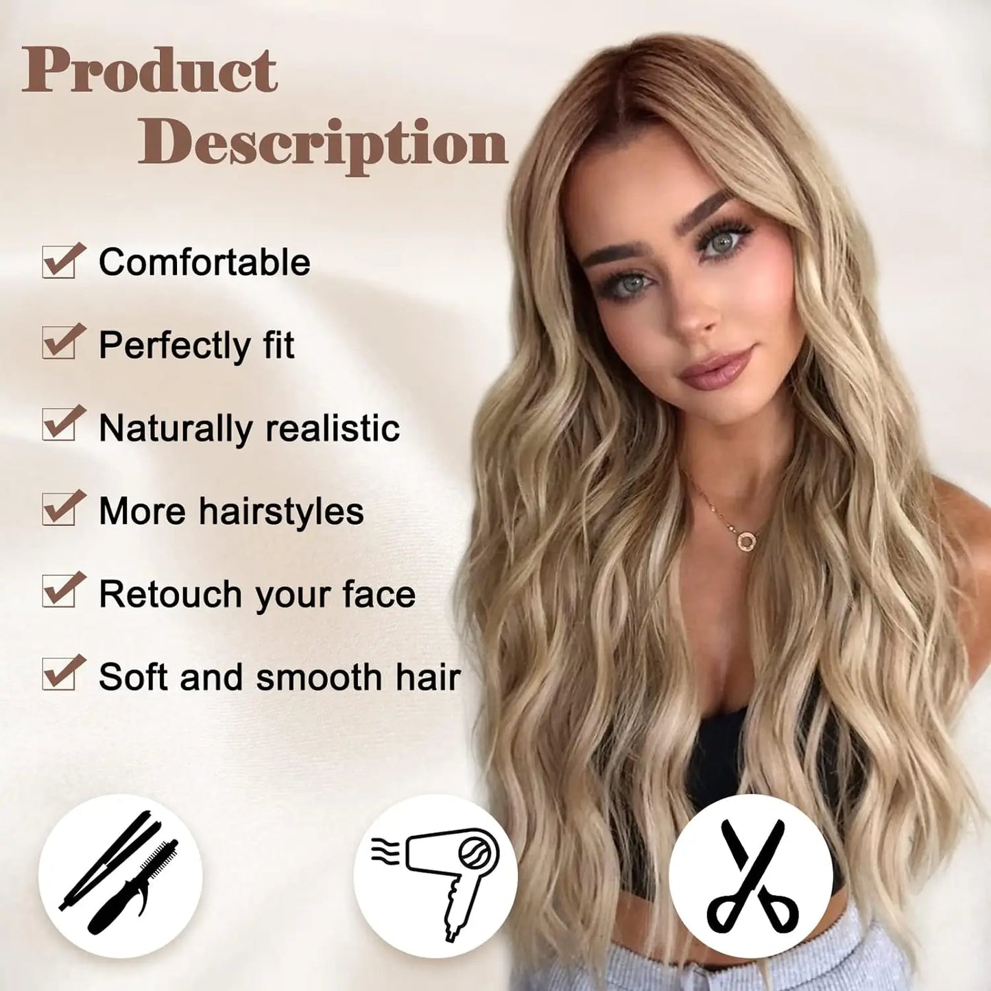 26-Inch Synthetic Ombre Blonde Wavy Wig for Women — Long Middle Part Curly Heat-Resistant Hair Fiber