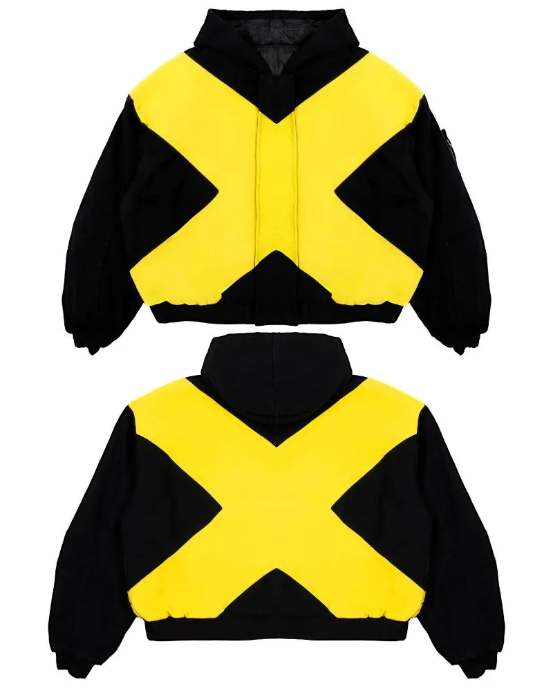 2026 Black & Yellow Cross Jacket - American High Street Loose Fit Stand Collar Zipper Cardigan Jacket