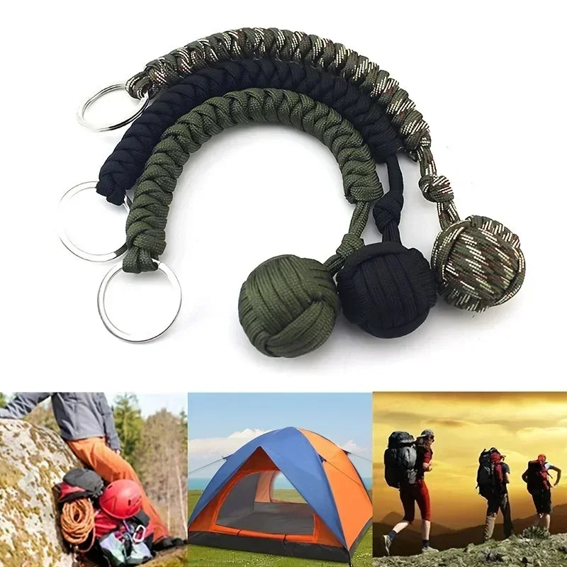 Monkey Fist Steel Ball Keychain – Self-Defense Survival Lanyard with Braided Rope for Outdoor Safety